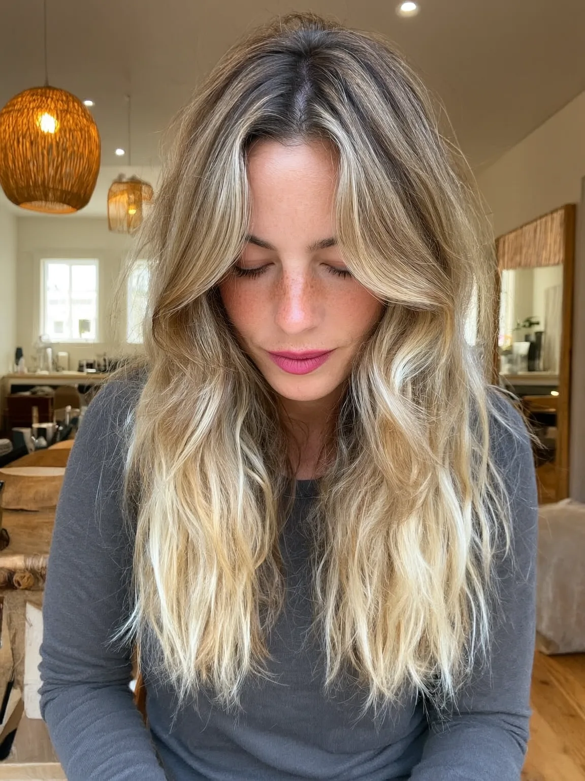 Long Layered Waves with Sandy Blonde Balayage